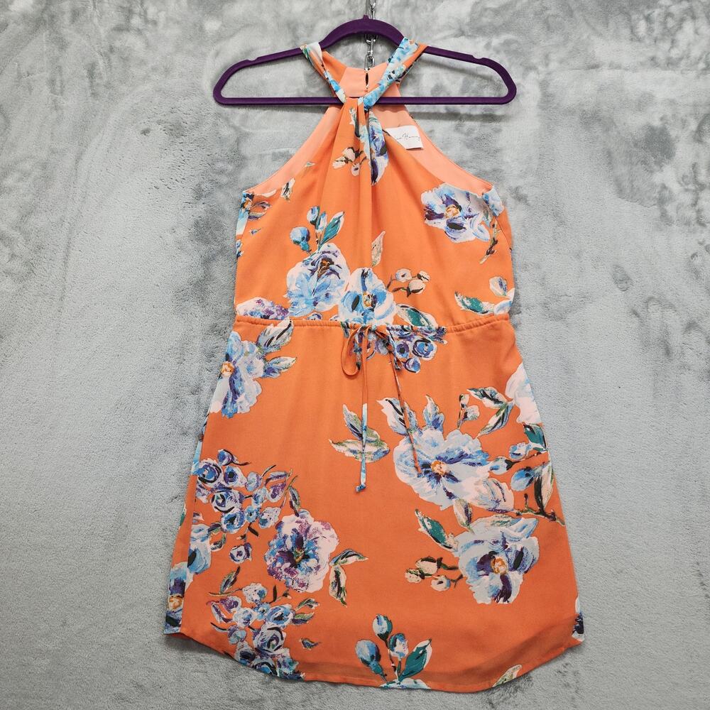 Charles Henry Dress Womens XS Orange Floral Sleeveless Halter Tie Waist Party